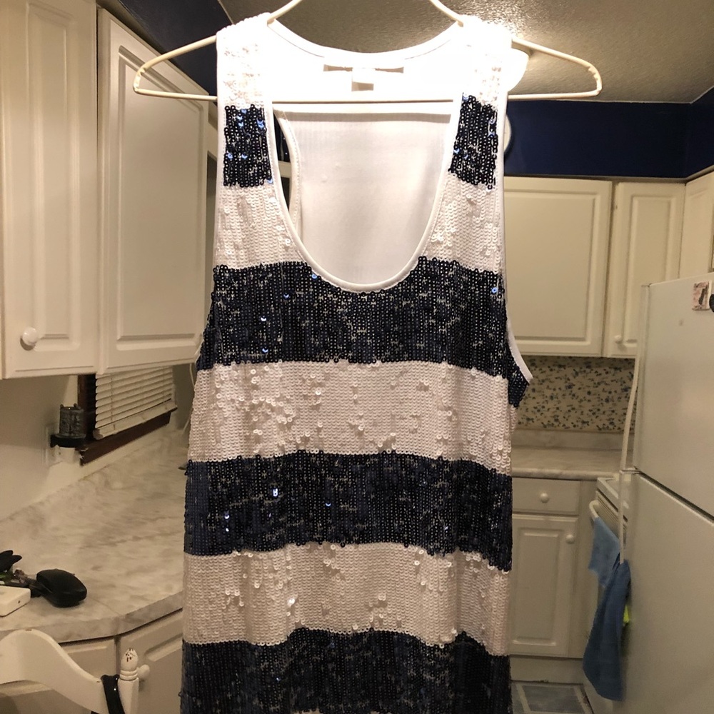 Blue and white sequined tank